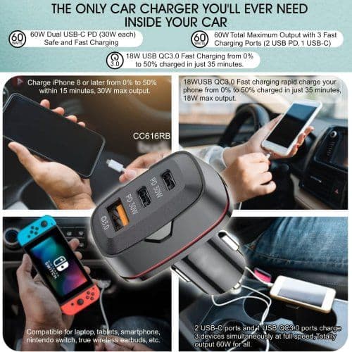 Dual USB C Car Charger, 60W PD (30W + 30W) Super Fast Charging Adapter Metal image 7